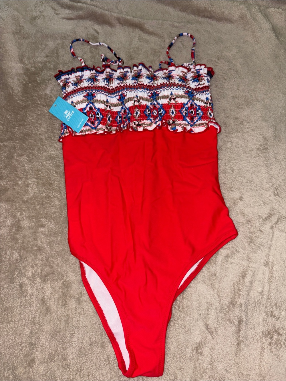 Cupshe Red One-Piece Swimsuit with Patterned Bandeau Top - Picture 1 of 4